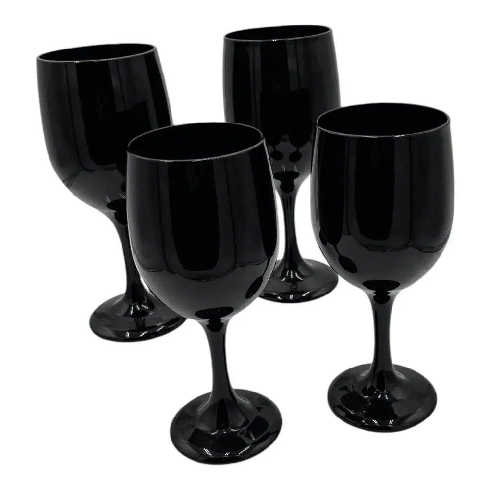 4 Libbey Premiere Black Wine Glasses Set Vintage Elegant Stemware Halloween‎ EUC